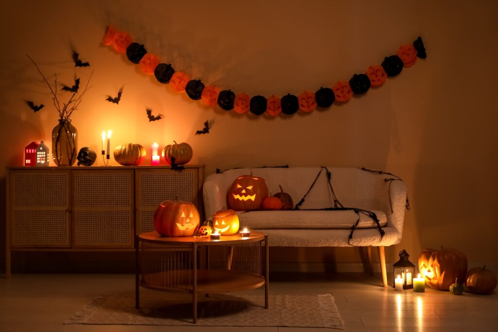 Halloween decorations illuminate a dimly lit apartment living area with jack-o-lanterns.